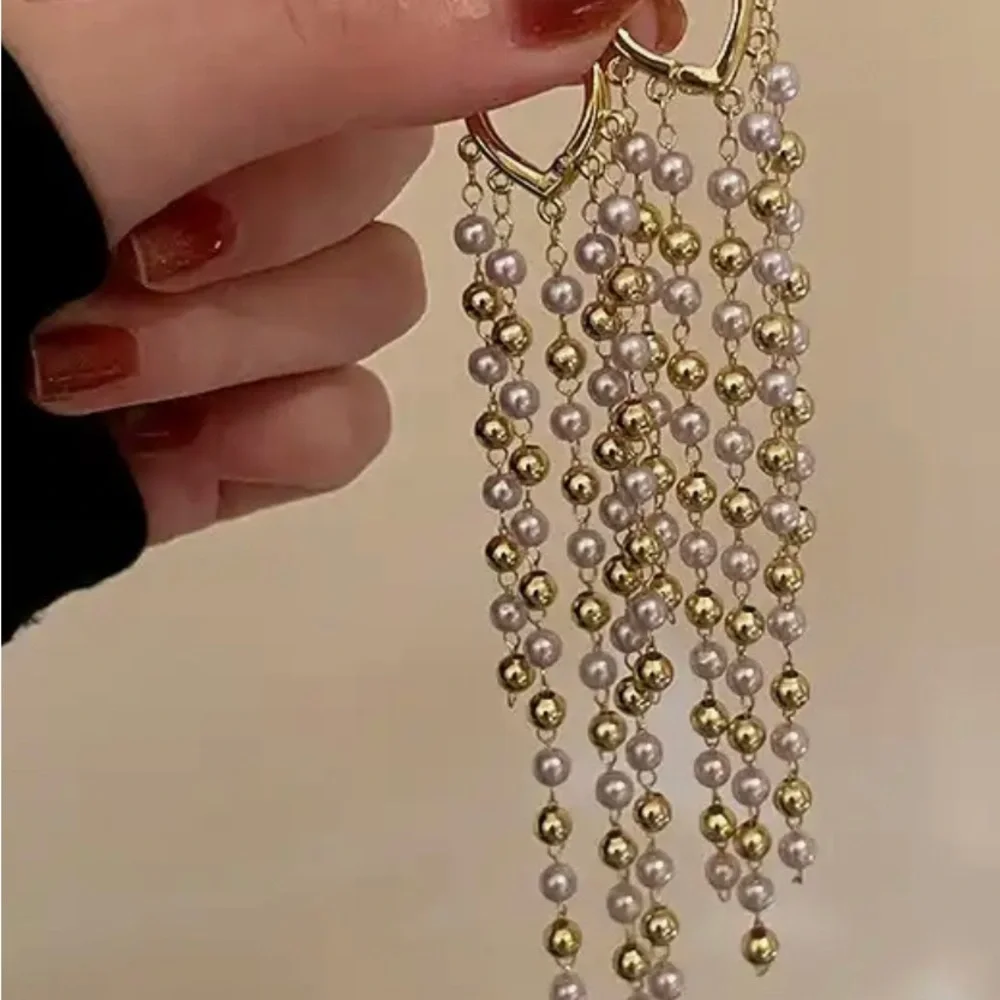 Long Gold and White Pearl Tassels Earrings - Picture 5 of 7